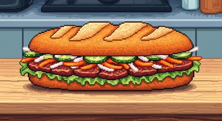 Pixel Art Vietnamese Banh Mi Sandwich on Wooden Countertop