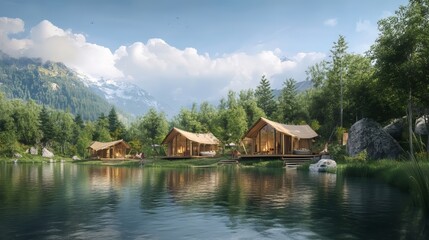 Naklejka premium Summer camp on an alpine lake with surrounding nature