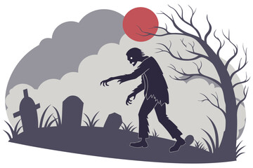 Zombie with decayed skin and torn clothing limps through an eerie fog-filled graveyard under a blood moon, arms stretched forward, in modern flat illustration style.