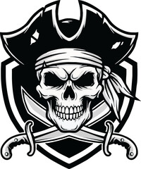 A fierce pirate skull, adorned with a tricorn hat and bandana, is centrally positioned within a heraldic shield, crossed cutlasses flanking it.