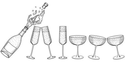 Open and exploding champagne bottle and glasses vector hand drawn sketch style illustration. Sparkling festive wine with glasses being clink set line art. Retro engraving of alcoholic drink.