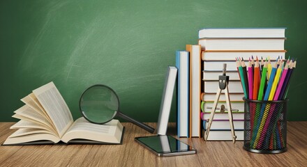 Open book, magnifying glass, smartphone, and stack of books with colored pencils on a wooden desk against a green chalkboard.