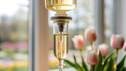 IV drip with yellow liquid beside blooming pink tulips, symbolizing wellness, recovery, and contrast between medical care and natural beauty