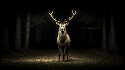 Stag with majestic antlers illuminated by spotlight in dark forest, symbolizing strength, solitude, and nature’s mystique