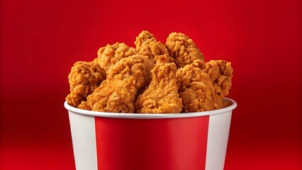 Bucket of crispy fried chicken on white background, symbolizing comfort food, fast-food cravings, and savory indulgence