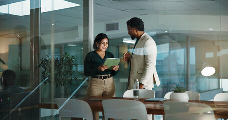 Business, people and tablet in office at night for accounting, financial planning and review...
