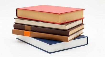 A stack of five hardcover books, featuring red, brown, and blue covers, arranged on a white surface.