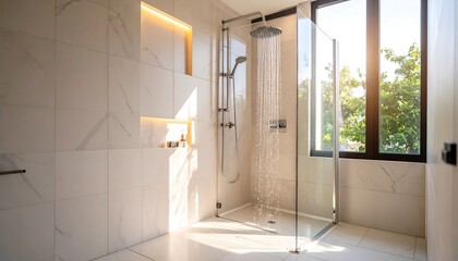 Modern bathroom shower area bathed in sunlight