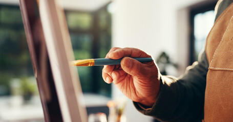 Hands, senior person and painting on canvas for art, drawing process and sketch artwork. Elderly...