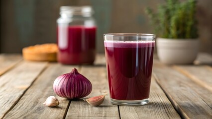Glass of beet juice with garlic and red onion on wooden surface, symbolizing natural nutrition, detox health, and rustic culinary ingredients