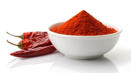 Bowl of vibrant red chili powder with dried red chilies on white background, symbolizing spice intensity, flavor richness, and traditional culinary ingredients