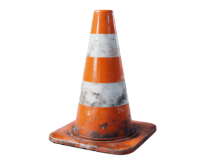 Worn Traffic Cone with Faded Stripes and Scratches, Side Angle View, Isolated on Transparent Background PNG