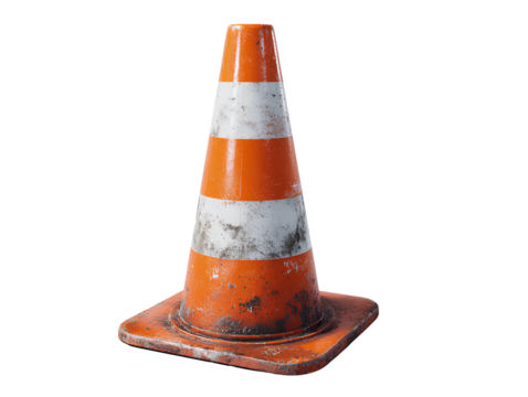 Worn Traffic Cone with Faded Stripes and Scratches, Side Angle View, Isolated on Transparent Background PNG