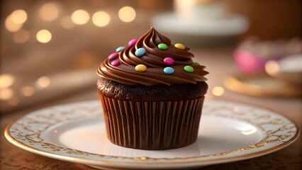 Chocolate cupcake with frosting and colorful sprinkles on elegant plate, symbolizing sweet indulgence, festive treats, and cozy dessert moments