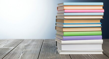 A stack of colorful books is piled high on a weathered wooden surface, set against a soft, gradient background.
