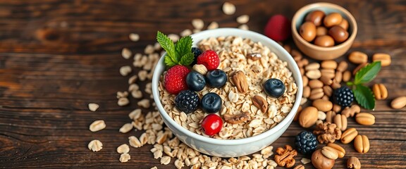 Fototapeta premium Nutritious oatmeal with berries and nuts on rustic wood, oatmeal, countryside