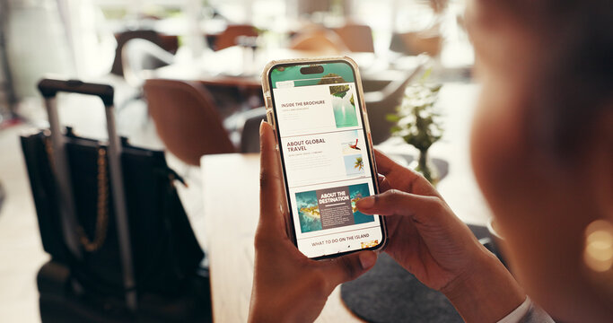 Travel, research and phone screen with hands of woman for holiday planning, blog and tourism. Vacation website, destination guide and newsletter with person in airport lounge for accommodation review