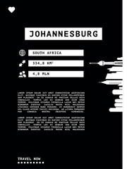 Obraz premium Johannesburg, South Africa vector infographics, brochure black and white layout. Guide, leaflet, flyer, graphic template with text, information, skyline contour. Page, festival, cover mock up image