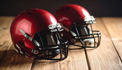 Fototapeta premium Red Football Helmets on Wood.