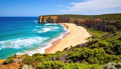 Coastal landscape with a secluded beach and towering cliffs