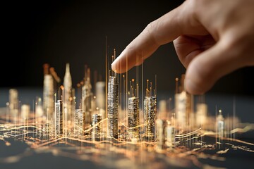 Human finger interacting with a glowing digital city model isolated on white background
