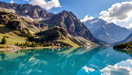 a picturesque mountain landscape featuring a vibrant blue alpine lake reflecting the surrounding majestic mountains under clear skies, with a small settlement nestled at the foot of the slopes
