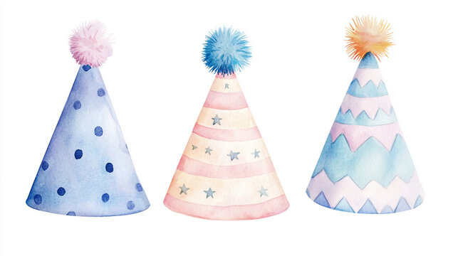 Three watercolor party hats with pom poms in pastel colors on a white background displayed together - Powered by Adobe