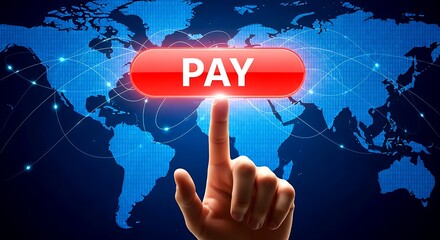 Finger pressing red P A Y button over digital world map with glowing connections image