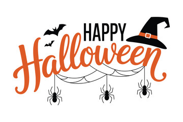 Happy Halloween Vector Typography with Bat Witch Hat and Spooky Spider Vector Illustration