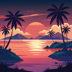 Tropical sunset on a serene beach with palm tree silhouettes by the ocean