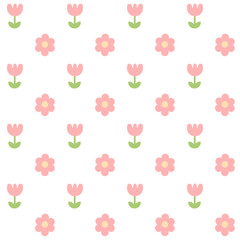 Pink tulip flowers and green leaves on white background.Sweet wallpaper.Surface for textile.Decoration ornament for fabric or cloth.Geometric.Cute wrapping paper.Summer or spring.Vector illustration.