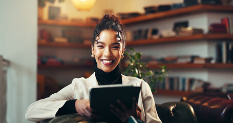 Tablet, smile and portrait with business woman for publishing, editing and planning. Author...