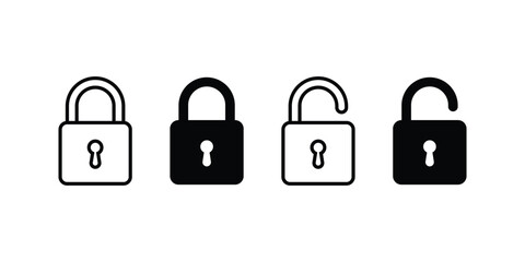Lock and Unlock Icons Set – Minimal Outline Padlock Symbols for App UI, UX, and Web Security Interface – Vector on Transparent Background
