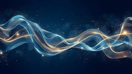 High resolution abstract 3D rendering of a transparent blue wave with golden particles flowing in a dark blue background, ideal for technology, science, energy and futuristic backdrop and wallpaper us