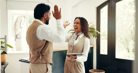 Hospitality, high five and people at hotel reception for customer service, welcome or luxury...