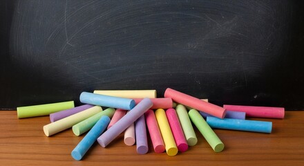 Colorful chalk pieces are scattered on a wooden surface in front of a dark chalkboard, suggesting learning or artistic expression.