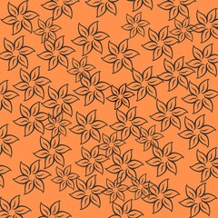 Elegant floral pattern with black outline on a warm orange background. Ideal for textiles, wallpapers, and modern design projects. Created by Hridoy, perfect for various creative applications.