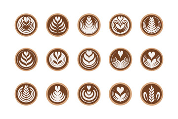 Coffee Latte Art Icon Set with Heart and Leaf Styles Vector Illustration