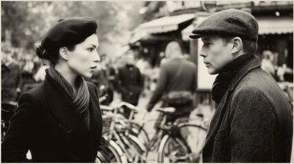Friends who have become strangers passing on the street.	Two people who were clearly once close friends now walk past each other on a city street, making a brief, awkward eye contact before looking aw