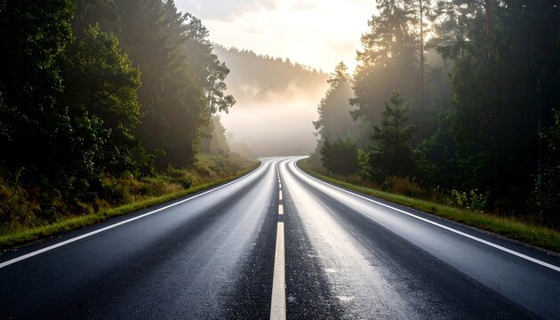 Winding road through a misty forest at sunrise