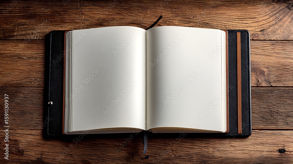 Wall mural empty notebook centered on classic wood grain floor with diffused light and copy space, ideal minima
