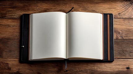 Empty notebook centered on classic wood grain floor with diffused light and copy space, ideal minimalist setting for editorial content, blog headers, or quote layout.