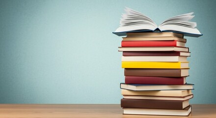 A stack of colorful books resting on a wooden surface, with the top book open, against a light blue background.