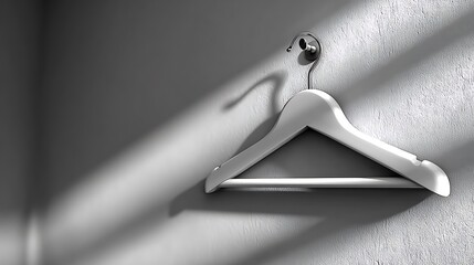 Minimalist white wall with a single empty hanging hook casting soft shadows, symbolizing absence, waiting, and simplicity in modern interior design or conceptual backgrounds.