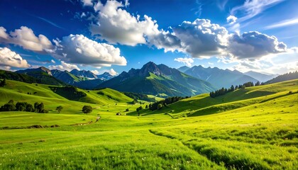 Obraz premium Lush green valley with mountains under a vibrant sky