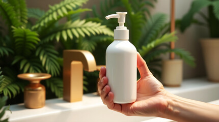 Hand holding white lotion bottle, in a bright, modern bathroom with golden faucet