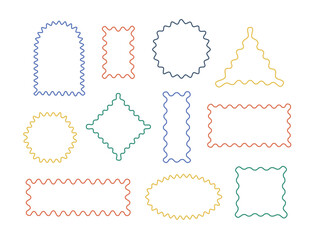 Wavy, zigzag borders geometric shapes, figures. Color line edges vector square, arc, oval, round, rectangle forms