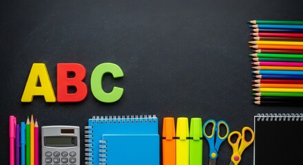 Colorful ABC letters and assorted school supplies including pencils, notebooks, calculator, and scissors arranged on a dark background.