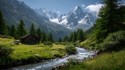 Majestic alpine peaks with a rustic cabin beside a flowing river mountains snow