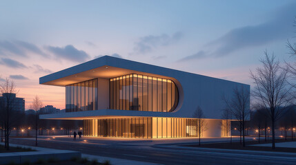 Obraz premium Illuminated modern building showcasing innovative architecture in urban landscape at twilight wide-angle aesthetic design
